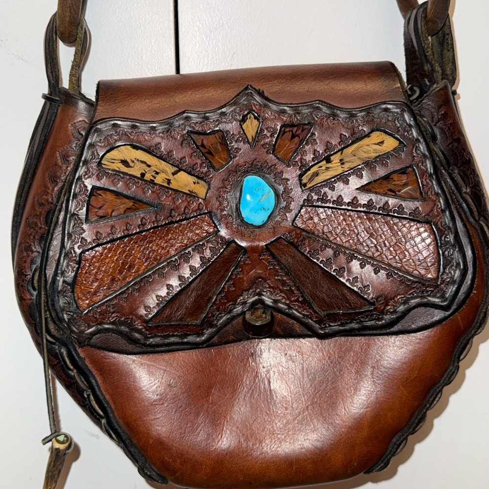 Brown Leather Women Bag with Blue Accent